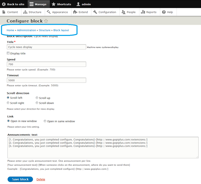 Drupal module cycle news block configure