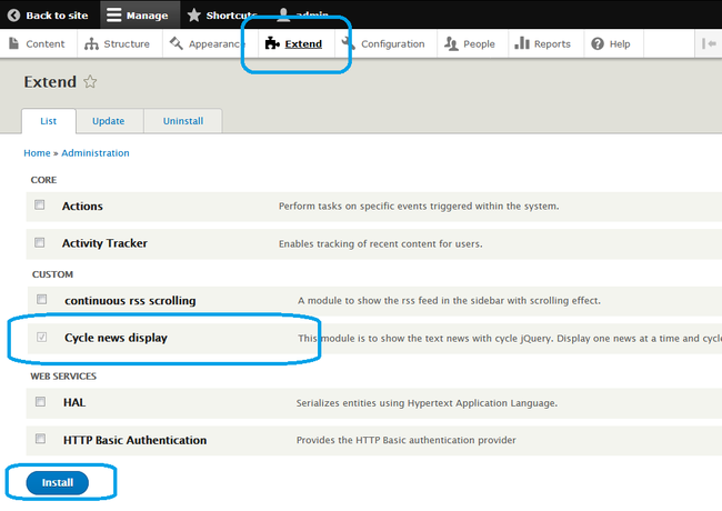 Drupal module cycle news display enable module