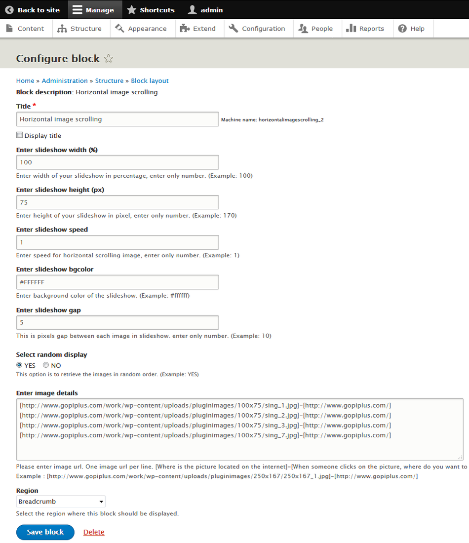 horizontal image scrolling drupal module block configure