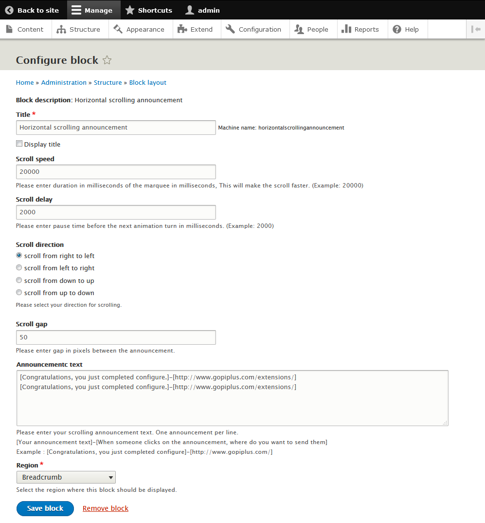 Drupal module horizontal scrolling announcement block configure