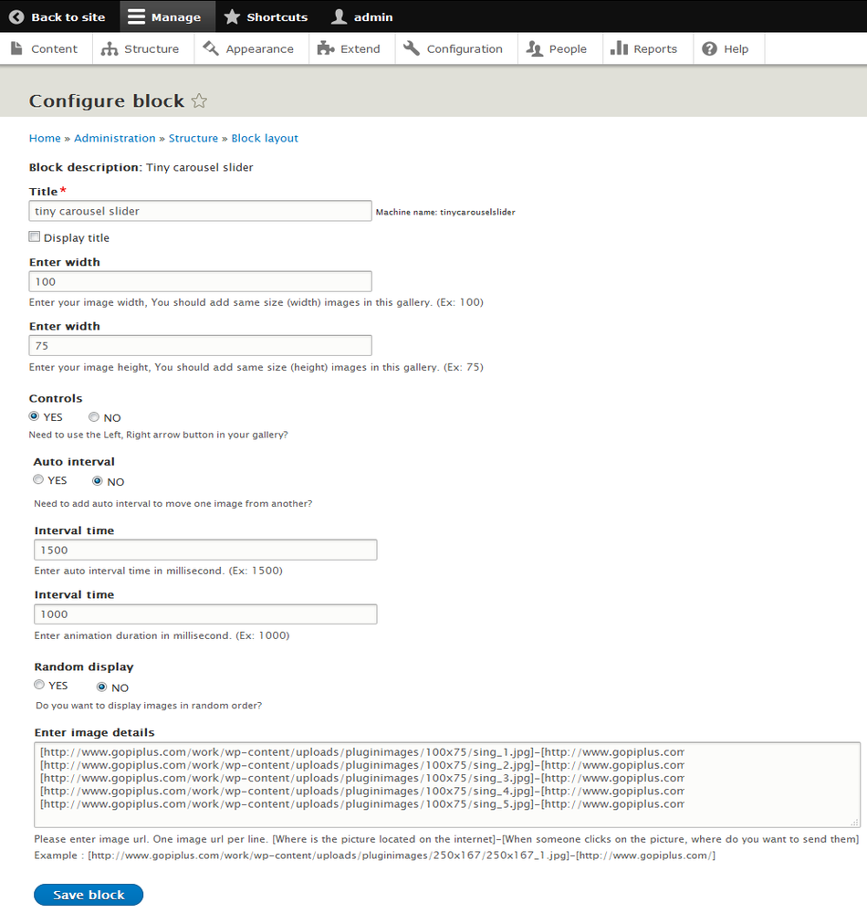 Drupal module tiny carousel slider block configure