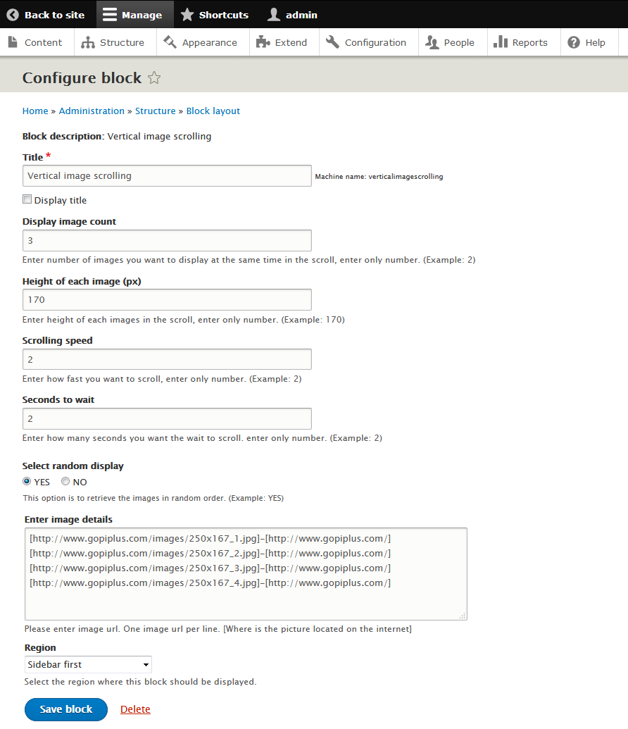 vertical image scrolling drupal module block configure