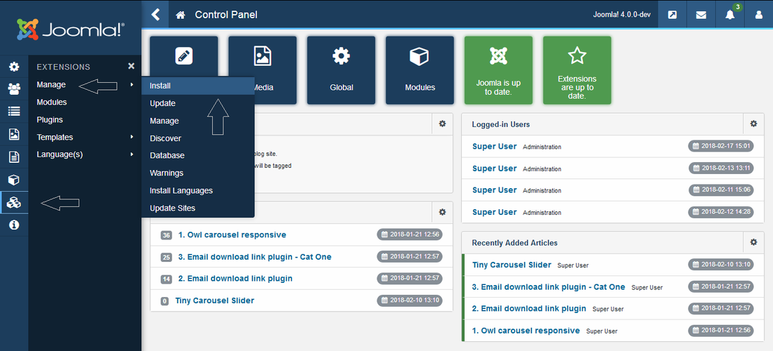 Joomla menu for extensions module