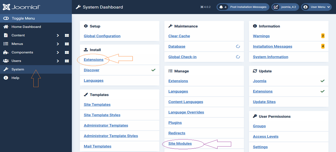 Joomla menu for extensions module