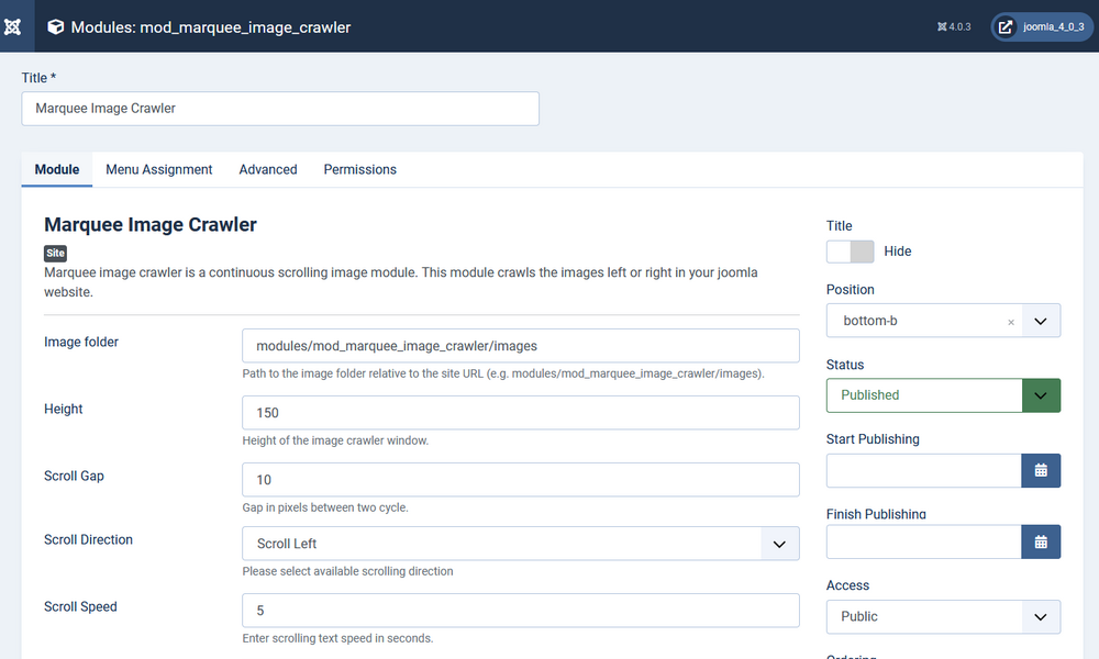 Marquee Image Crawler Joomla module admin screen 1