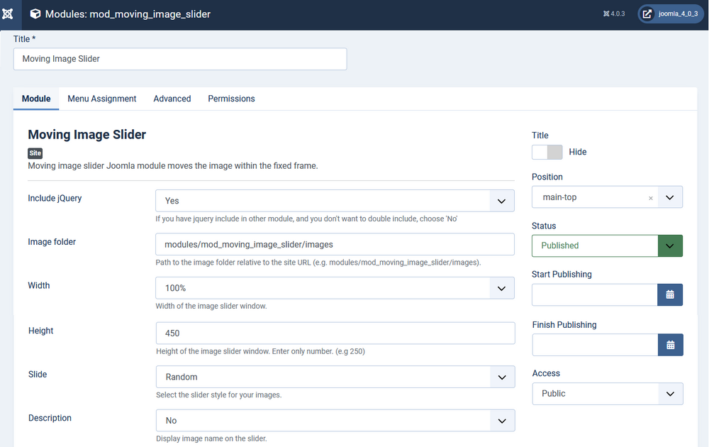 Moving image slider Joomla module admin screen