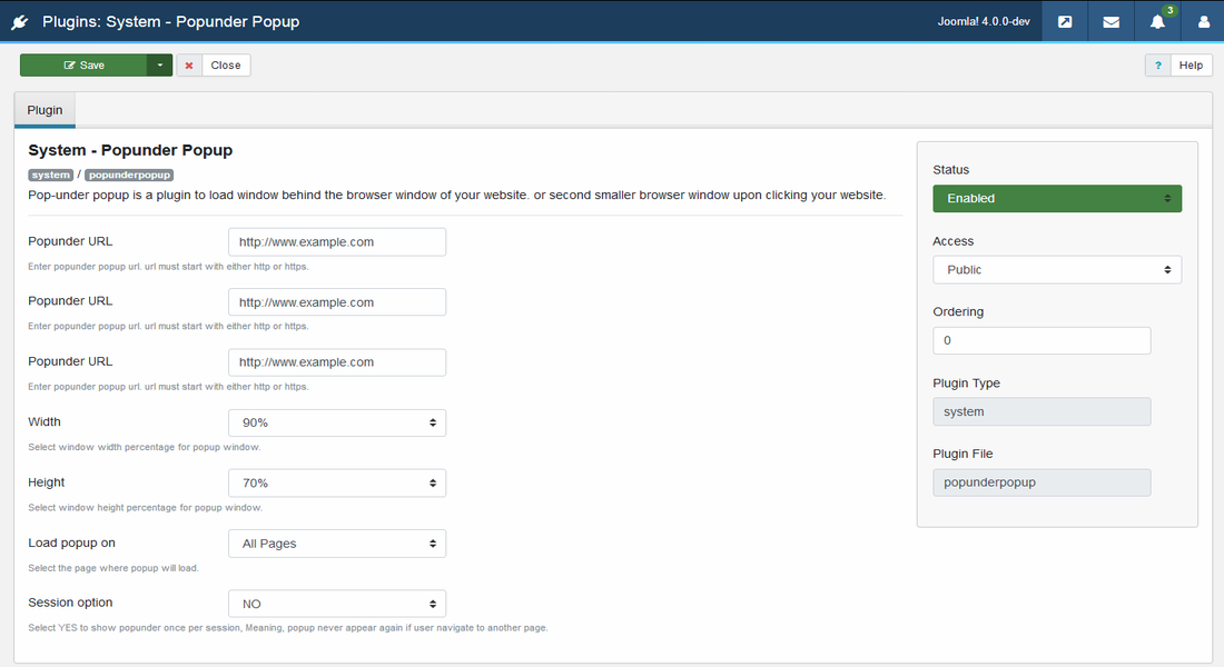 Popunder popup Joomla plugin