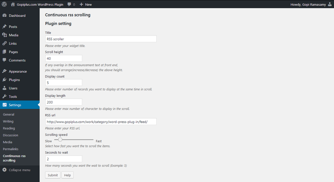 Continuous rss scrolling WordPress plugin