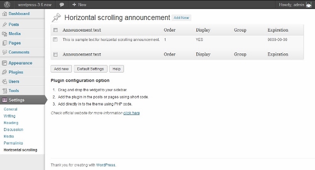 Horizontal scrolling announcement widget setting