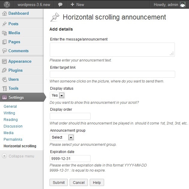 Horizontal scrolling announcement wordpress plugin