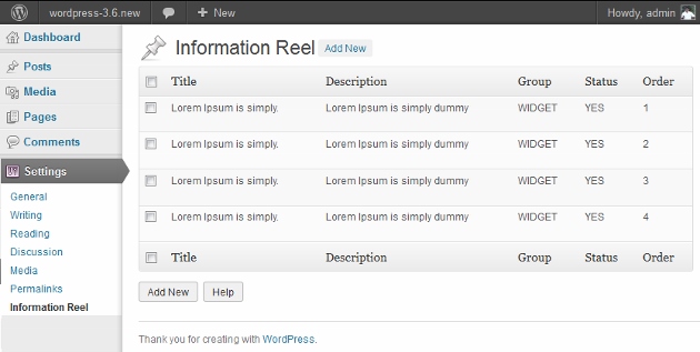 Information Reel wordpress plugin admin screen