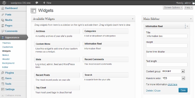 Information Reel wordpress plugin widget screen