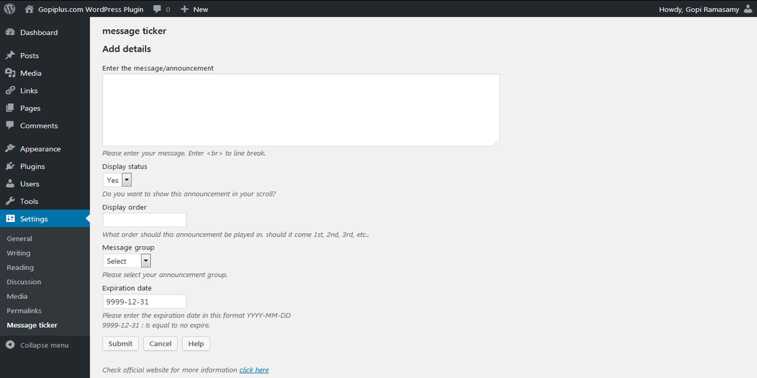 Message ticker WordPress plugin
