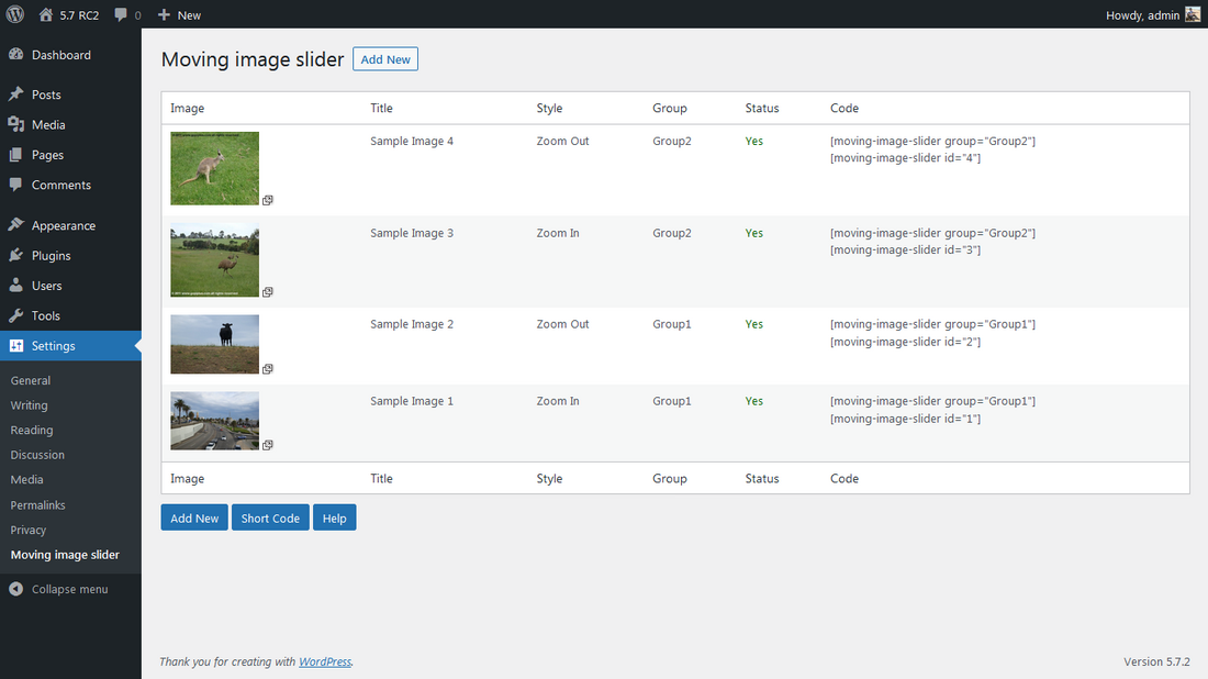 Moving image slider wordpress plugin admin screen 1