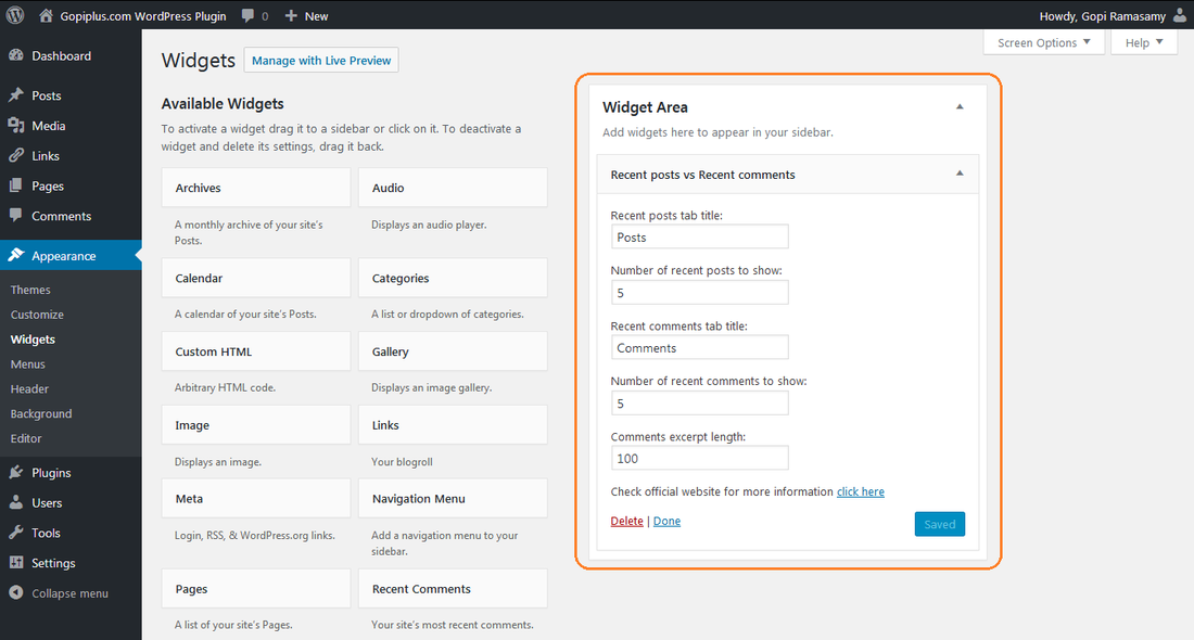 Tabs recent posts vs recent comments WordPress plugin