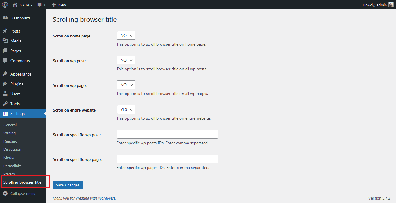 Scrolling browser title wordpress plugin admin screen 1