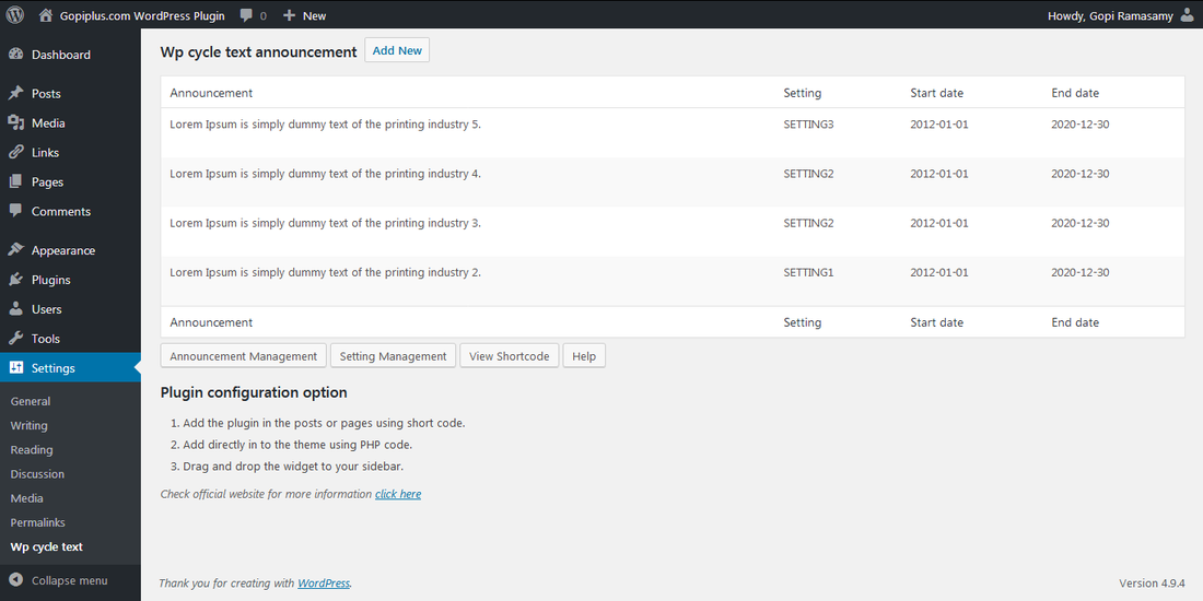 Wp cycle text announcementWordPress plugin