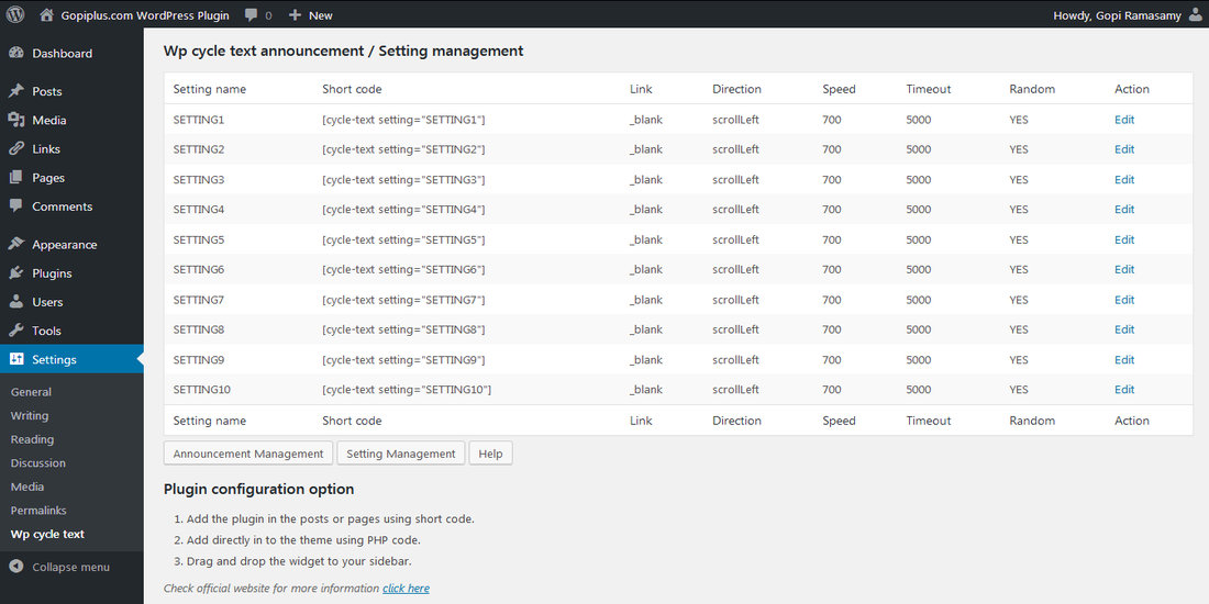 Wp cycle text announcement WordPress plugin