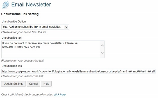 Email newsletter Unsubscribe Link Setting