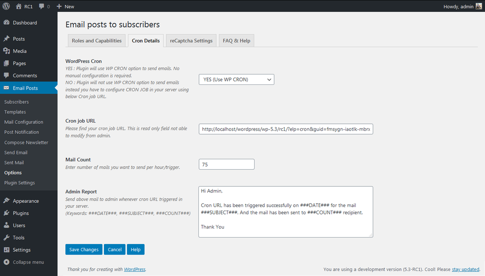 Cron Details for Email posts to subscribers plugin