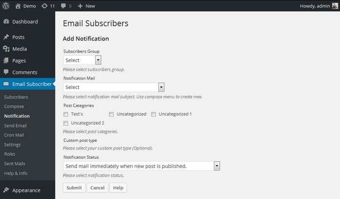 Email subscribers wordpress plugin add notifications settings