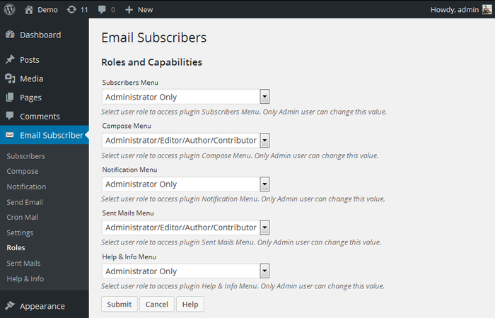 Email subscribers wordpress plugin roles and capabilities